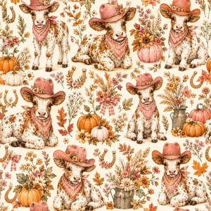 May include: A repeating pattern featuring spotted calves wearing pink cowboy hats and bandanas, interspersed with orange and white pumpkins, sunflowers, autumn leaves, wheat stalks, and golden horseshoes on a cream-coloured background.