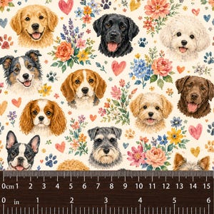 Puppy Garden Friends Cotton Fabric, Watercolor Floral Dog Print, Quilting Sewing Material image 3
