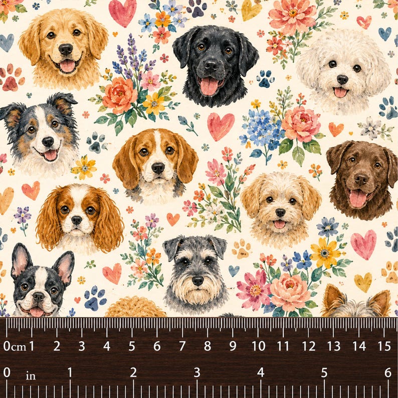 Puppy Garden Friends Cotton Fabric, Watercolor Floral Dog Print, Quilting Sewing Material image 3