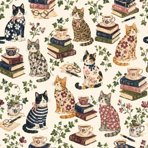 Peut inclure: Un motif répétitif représentant divers chats, certains vêtus de vêtements à fleurs ou rayés, entremêlés de piles de livres reliés, de tasses à thé sur soucoupes, de stylos plume, de lunettes et de vignes de lierre vert sur fond crème.
