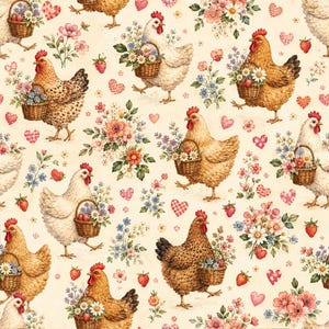Op de afbeelding: Een herhalend patroon op een crèmekleurige achtergrond met bruine en witte kippen die gevlochten mandjes met madeliefjes en aardbeien dragen. Het ontwerp bevat verspreide roze en rode hartjes, kleine aardbeien en trossen bloemen.