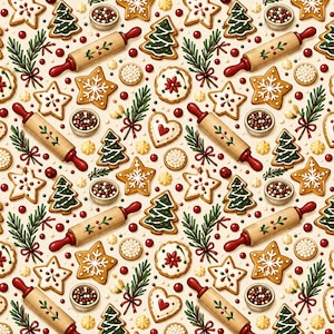 Puede incluir: Un patrón repetitivo que presenta rodillos de madera con mangos rojos, árboles de pan de jengibre con glaseado verde, galletas en forma de estrella con glaseado blanco, galletas en forma de corazón con centros rojos, cuencos con chispas y ramas de pino.
