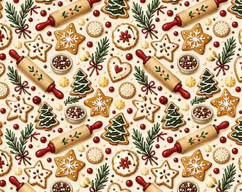 Peut inclure: Un motif répétitif composé de rouleaux à pâtisserie en bois aux poignées rouges, de sapins en pain d'épices au glaçage vert, d'étoiles en biscuit au glaçage blanc, de cœurs en biscuit au centre rouge, de bols de perles sucrées et de branches de pin.