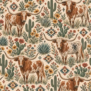 Puede incluir: Un patrón repetitivo sobre fondo crema que presenta ganado longhorn marrón y blanco, cactus verdes, chumberas, flores silvestres amarillas y rojas, y formas geométricas de diamante en tonos azul, rojo y marrón.