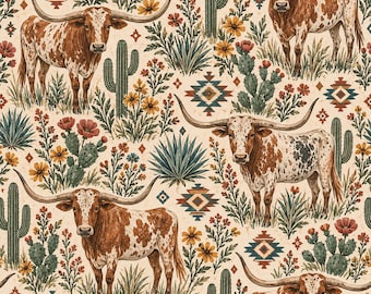 Peut inclure: Un motif répétitif sur fond crème représentant des bovins longhorn marron et blancs, des cactus verts, des figuiers de Barbarie, des fleurs sauvages jaunes et rouges, et des formes géométriques en losange bleu, rouge et marron.