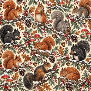 May include: A repeating pattern featuring various squirrels in shades of red, gray, and black, interspersed with pine branches, pinecones, red berries, acorns, oak leaves, and red-and-white mushrooms, all dusted with a light layer of white snow.