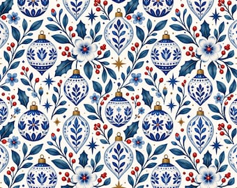 Peut inclure: Un motif répétitif composé de boules de Noël bleues et blanches, de fleurs blanches à cœur rouge, de feuilles de houx bleu foncé et de petites baies rouges sur fond blanc, agrémenté de minuscules étoiles dorées.