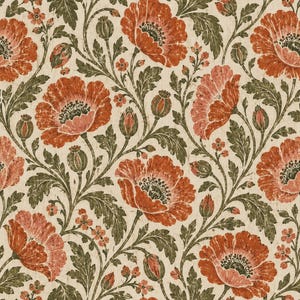May include: A repeating pattern featuring large, textured orange-red poppy flowers and dark olive green foliage on a cream-colored background. The design includes blooming flowers, closed buds, and seed pods connected by winding, leafy stems.