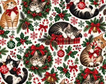 Christmas Kitten Wreaths Cotton Fabric – Small Scale Cat Christmas Fabric, Quilting Cotton, Holiday Sewing Fabric, Red Green Floral