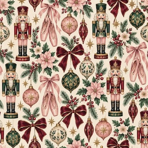 May include: A repeating pattern on a cream background featuring nutcrackers in red and green uniforms, pink ballet slippers tied with ribbons, dark red bows, green pine branches, red berries, poinsettia flowers, and various ornate Christmas ornaments.