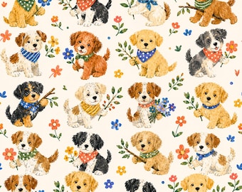 May include: A repeating pattern on a cream background featuring various puppies in different colors, including golden, brown, and black and white. Each puppy wears a colorful patterned bandana and holds a small flower or a twig in its mouth.