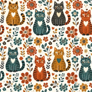 Op de afbeelding: Een herhalend patroon met geïllustreerde katten in tinten oranje, donkerblauw en antracietgrijs, elk met een hartvorm op de borst. De katten worden afgewisseld met oranje en blauwe bloemen, takjes met bladeren en kleine hartjes.