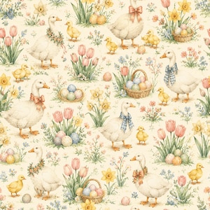 May include: A repeating pattern featuring white geese wearing bows or floral wreaths, yellow ducklings, pink tulips, yellow daffodils, and woven baskets filled with colourful Easter eggs against a cream-coloured background.