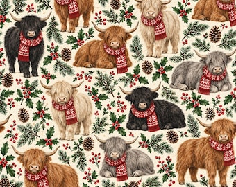 Peut inclure: Un motif répétitif représentant des vaches Highland dans diverses positions, portant chacune une écharpe d'hiver rouge et blanche à motifs. Le fond est rempli d'illustrations de branches de pin vertes, de pommes de pin et de baies de houx rouges.