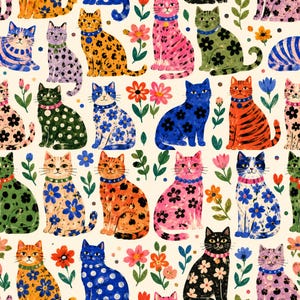 May include: A repeating pattern on a cream background featuring various cats in diverse colours and patterns, including polka dots, floral prints, and stripes, interspersed with small colourful flowers and green leaves throughout the design.