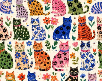 Peut inclure: Un motif répétitif sur fond crème représentant divers chats aux couleurs et motifs variés, incluant des pois, des imprimés floraux et des rayures, entremêlés de petites fleurs colorées et de feuilles vertes sur l'ensemble du design.