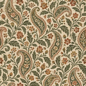 May include: A repeating textile pattern featuring intricate paisley motifs and floral elements in shades of dark green, muted orange, and cream. The design includes swirling vines and leaves with a distressed, textured appearance throughout.