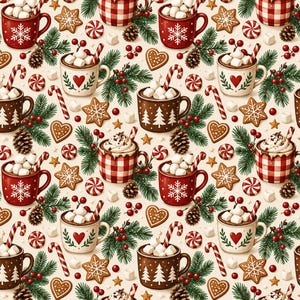 Peut inclure: Un motif répétitif composé de tasses de chocolat chaud garnies de guimauves et de sucres d'orge, agrémenté de biscuits en pain d'épices, de pommes de pin, de branches de sapin, de baies rouges et de bonbons à la menthe sur fond crème.
