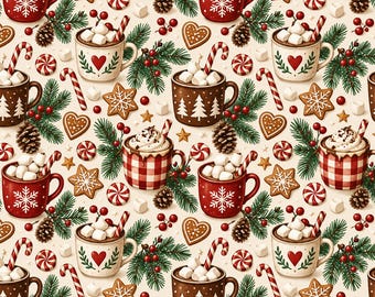 Peut inclure: Un motif répétitif composé de tasses de chocolat chaud garnies de guimauves et de sucres d'orge, agrémenté de biscuits en pain d'épices, de pommes de pin, de branches de sapin, de baies rouges et de bonbons à la menthe sur fond crème.