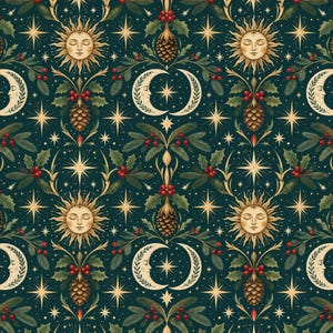 Solstice Evergreen Cotton Fabric, Small Scale Celestial Floral Quilting Fabric, Sun Moon Stars Christmas Sewing Fabric, 100% Cotton