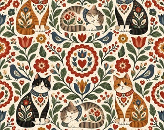 Folk Garden Cats Cotton Fabric – Small Scale Cat Floral Quilting Fabric, 100% Cotton Sewing Fabric for Patchwork & Baby Quilts