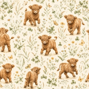 Może przedstawiać: Wzór przedstawiający puszyste brązowe cielęta rasy Highland w różnych pozach, przeplatane delikatnymi ilustracjami zielonej koniczyny, żółtych polnych kwiatów, białych stokrotek i małych motyli na jasnym, kremowym tle.