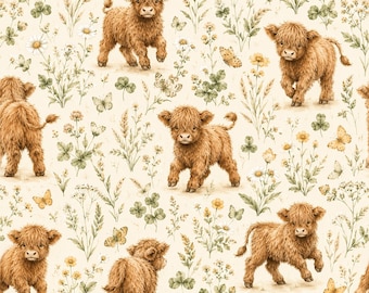 Peut inclure: Un motif répétitif représentant des veaux Highland bruns et duveteux dans diverses positions, entremêlés d'illustrations délicates de trèfles verts, de fleurs sauvages jaunes, de marguerites blanches et de petits papillons sur un fond crème.