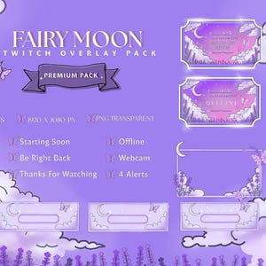 Puede incluir: Un paquete de overlays para Twitch Fairy Moon con una paleta de colores violeta, nubes, lavanda, mariposas y lunas crecientes. Incluye 10 overlays, 1920 x 1080 px, archivos PNG transparentes, Starting Soon, Be Right Back, Thanks For Watching, Offline, Webcam y 4 alertas.