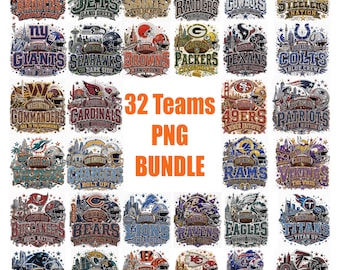Puede incluir: Una colección digital de 32 logotipos y gráficos de equipos de fútbol americano con nombres de equipos, cascos y monumentos de ciudades en varios colores. El texto central dice 32 Teams PNG BUNDLE en color naranja.