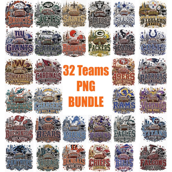 Glittering Football PNG Bundle All 32 Teams | Rhinestones-Style Sports Clip art Designs