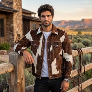 May include: A brown and white cowhide print jacket with a pointed collar, long sleeves, and metal button closures. The jacket features two chest pockets with buttoned flaps and is worn over a plain white t-shirt with black trousers.
