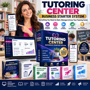 Könnte beinhalten: Ein Tutoring Center Business Starter System Kit mit einer großen Box, einem Laptop mit Dashboard-Anzeige, einem Smartphone sowie mehreren kleineren Handbüchern und Toolkits für Betrieb, Preisgestaltung, Planung, Start und Marketing.