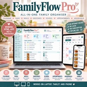 Puede incluir: Una aplicación digital de organización familiar mostrada en un portátil, tableta y teléfono inteligente. La interfaz incluye secciones para calendario, tareas, comidas, compras, escuela y citas. El texto incluye FamilyFlow Pro y All-in-one family organiser.