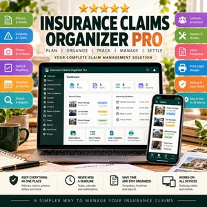 May include: Insurance Claims Organizer Pro software displayed on a laptop and smartphone screen. The interface shows dashboards for policies, claims, tasks, and deadlines. Surrounding icons represent features like photos, evidence, and reports.