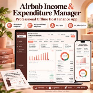 Könnte beinhalten: Eine digitale Airbnb-Einnahmen- und Ausgabenverwaltungssoftware auf einem Laptop und Smartphone, mit Finanz-Dashboards, Diagrammen und Ausgabenverfolgung. Enthält ein gedrucktes Benutzerhandbuch und Beschriftungen für die Offline-Nutzung.