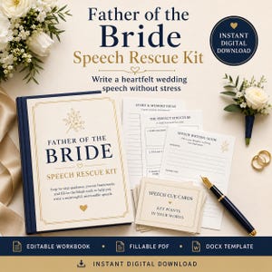 Op de afbeelding: Een Father of the Bride Speech Rescue Kit met een ingebonden werkboek, een schrijfgids en spiekbriefjes. De set bevat teksten zoals "Write a heartfelt wedding speech without stress" en "Instant Digital Download" en een vulpen.