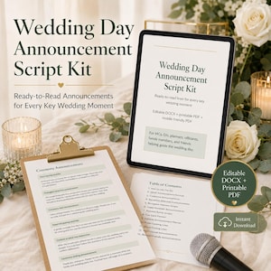 May include: A digital tablet and a clipboard displaying a Wedding Day Announcement Script Kit. The documents feature text for ceremony announcements and a table of contents. A microphone is placed nearby, and the kit includes editable DOCX and printable PDF files for wedding MCs, DJs, and planners.