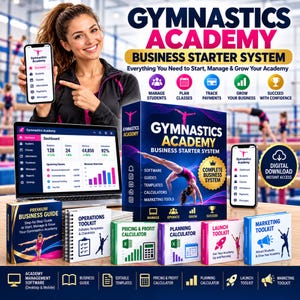 Könnte beinhalten: Ein Gymnastics Academy Business Starter System Set mit einer großen Box, einem Laptop mit Dashboard-Anzeige, einem Smartphone sowie mehreren kleinen Handbüchern und Toolkits zur Verwaltung, Planung und Vermarktung einer Turnakademie.