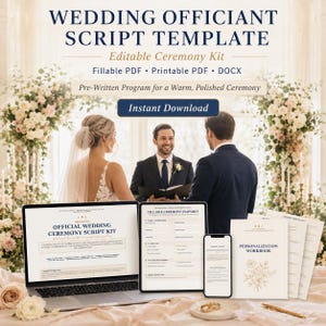 May include: A wedding officiant script template kit featuring a laptop, tablet, and smartphone displaying fillable PDF and DOCX documents. The screens show text including Wedding Officiant Script Template, Official Wedding Ceremony Script Kit, and Personalization Workbook with floral line art.