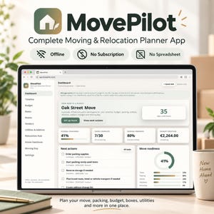 Könnte beinhalten: Ein Laptop-Bildschirm zeigt das Dashboard der MovePilot Umzugsplanungs-App. Die Benutzeroberfläche präsentiert einen Umzug namens Oak Street Move mit Fortschrittsbalken für Aufgaben, Packstatus und Budget sowie einer Navigationsleiste.