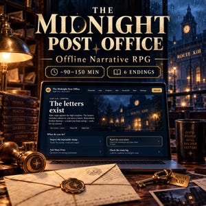 May include: A laptop screen displays The Midnight Post Office offline narrative RPG interface with text about letters and Evelyn Harrow. A wax-sealed envelope, a brass stamp, a key labelled Route XIII, and a mug with text are on the desk.