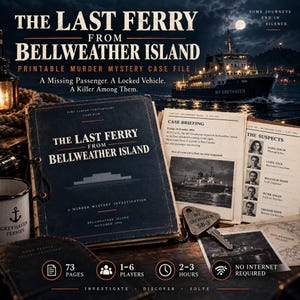 May include: A printable murder mystery case file titled The Last Ferry From Bellweather Island. The set includes a dark blue folder, a case briefing document, a suspect list with portraits, a metal key labeled MV Greyhaven SB-3, and a mug.