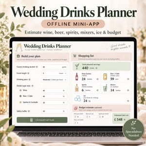 May include: A laptop screen displaying the Wedding Drinks Planner offline mini-app. The interface includes sections for building a plan with guest counts, event length, and drink type percentages, alongside a shopping list and budget estimate tool.