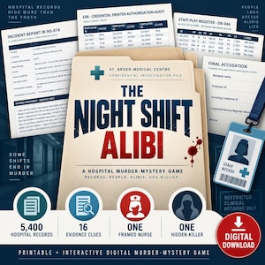 以下が含まれることがあります： 「The Night Shift Alibi」という殺人ミステリーゲーム。赤い血痕のあるベージュのファイルフォルダー、医療書類、スタッフ用アクセスバッジ、5,400件の病院記録、16の手がかり、1人の看護師、1人の殺人犯を表すアイコンが含まれています。