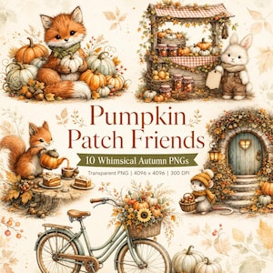 Peut inclure: Une collection numérique intitulée Pumpkin Patch Friends comprenant 10 illustrations sur le thème de l'automne, dont un renard avec des citrouilles, un lapin au marché, un écureuil avec du thé, une souris avec un panier et un vélo fleuri.