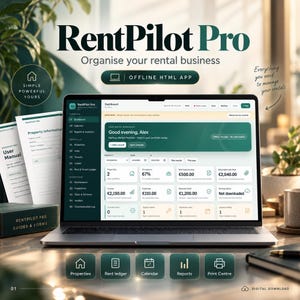 Puede incluir: Un ordenador portátil que muestra el software de panel RentPilot Pro con una interfaz en verde oscuro y blanco. La pantalla presenta métricas de gestión de alquileres, información de propiedades y menús de navegación.
