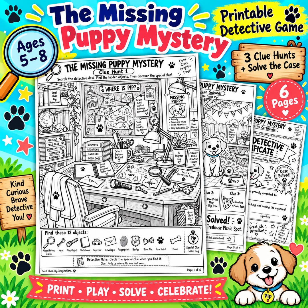 Printable Detective Game for Kids Ages 5-8 | Missing Puppy Hidden ...