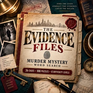 Pode incluir: O livro de caça-palavras The Evidence Files apresenta uma capa de estilo vintage com um horizonte urbano, um selo de cera vermelho e o texto 36 cases, 108 puzzles, 4 difficulty levels. Inclui abas de índice, uma chave dourada e uma caneta.