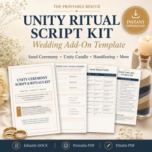 May include: A digital unity ritual script kit template for weddings, featuring printable and fillable PDF and DOCX documents. The kit includes a ceremony script, a ritual finder, and planning sheets for sand, candle, and handfasting ceremonies.