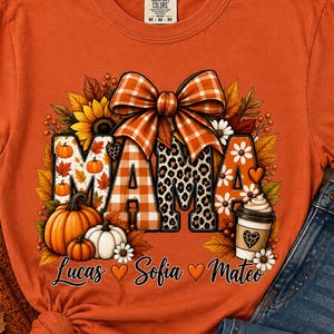 Personalisiertes Herbst-Mama-Shirt, individuelles Kürbis-T-Shirt mit Kindernamen